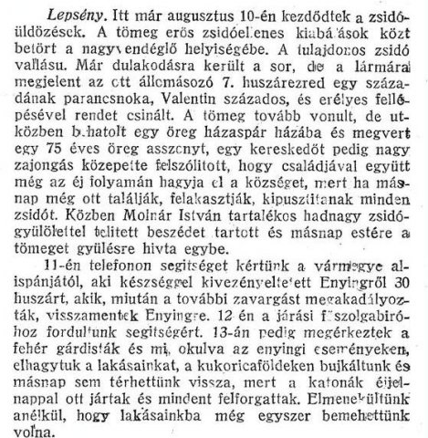 Részlet az „A dunántúli zsidóüldözések aktáiból.” c. cikkből (Forrás: Egyenlőség, 1919. 09. 11., 14. o.)
